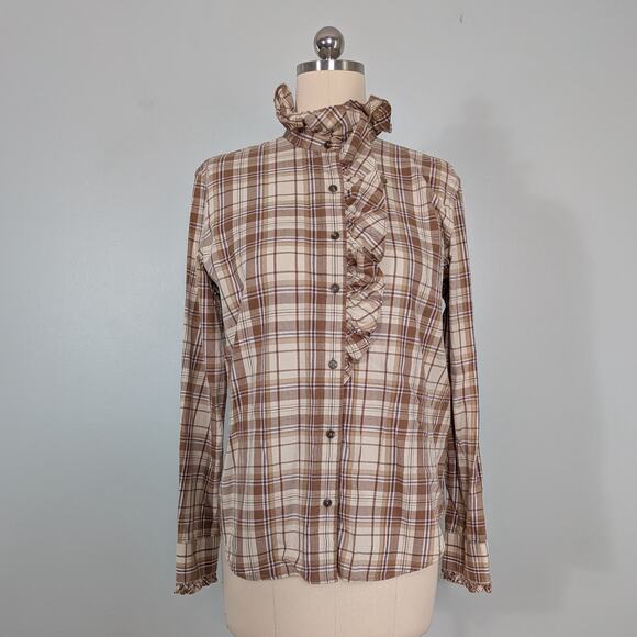 Vintage Lauren Ralph Lauren Button Top L Brown Plaid Ruffle Heritage Equestrian - Picture 5 of 10